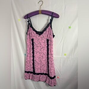 Y2K Pink+Black Heart Lace Bow Bubblegum Grunge Mini Dress Chemise Size M